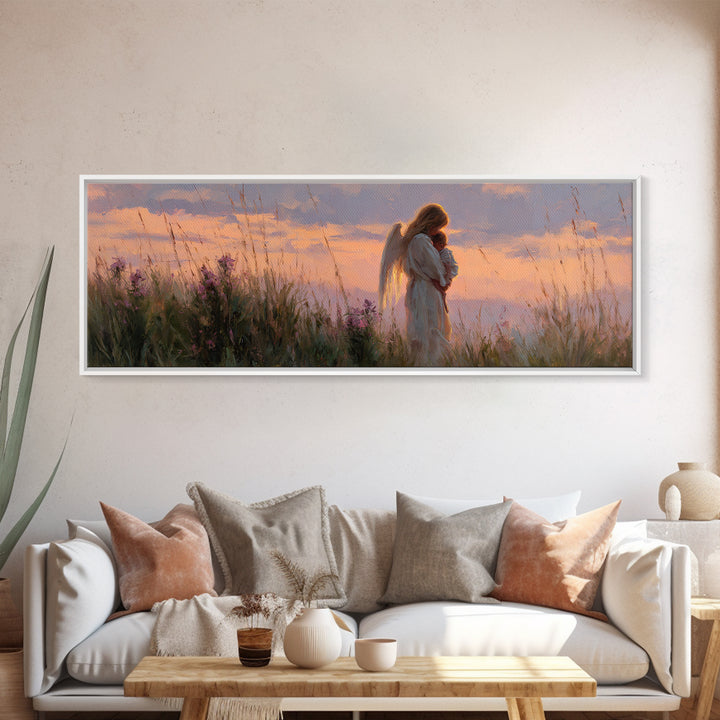 Guardian Angel Holding Child At Sunset Wall Art, Spiritual Framed Canvas Print, Christian Nursery Decor, Baby Gift, Home Decor