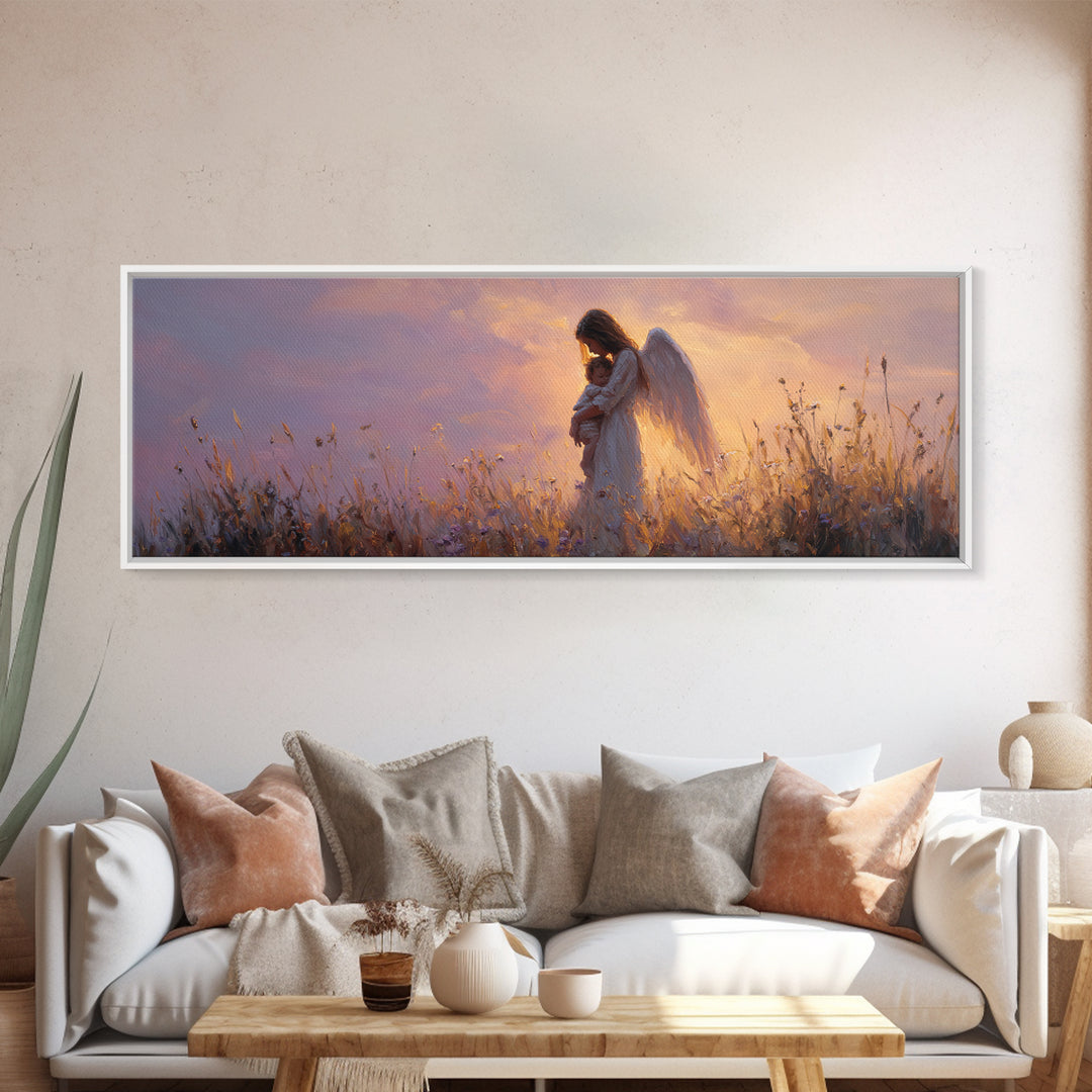 Guardian Angel Cradling Child In Golden Meadow Wall Art, Celestial Canvas Print, Spiritual Nursery Decor, Christian Gift