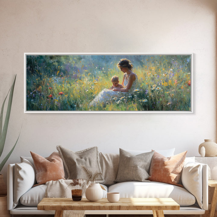 Sunlit Mother And Baby Meadow Wall Art, Impressionist Wildflower Landscape Print, Nursery Decor, Above Bed Canvas Home Decor