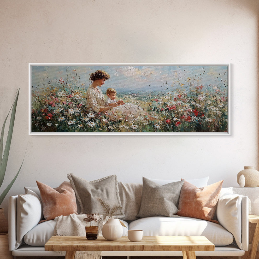Mother And Child By The Sea Framed Canvas Print, Impressionist Wildflower Meadow, Coastal Nursery Wall Decor, Gift For Her