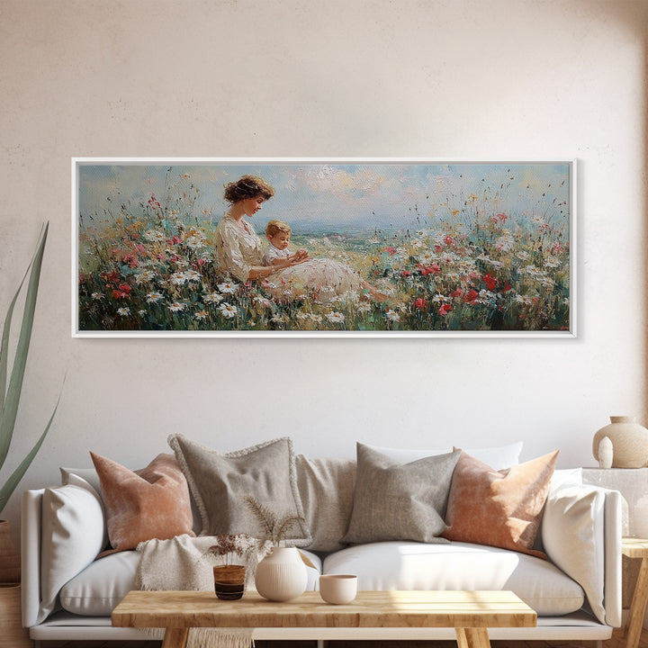 Mother And Child By The Sea Framed Canvas Print, Impressionist Wildflower Meadow, Coastal Nursery Wall Decor, Gift For Her