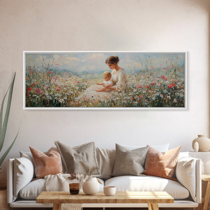 Sunlit Mother And Baby Wildflower Canvas Print, Impressionist Meadow Landscape, Feminine Nursery Wall Art Home Decor, Gift For Her