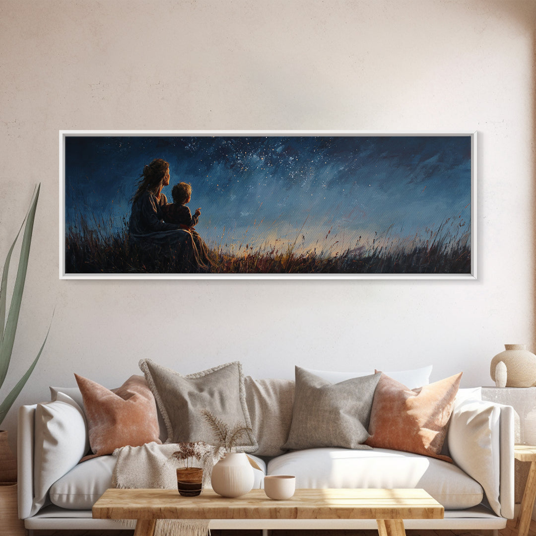 Mother And Child Under Starry Sky Wall Art, Moody Night Meadow Painting, Celestial Nursery Decor, Blue Bedroom Art, Gift For Mom