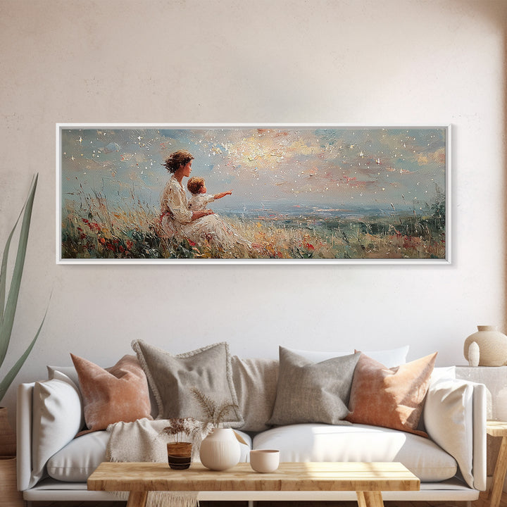 Mother And Child Pointing At Sunlit Sky Framed Canvas Print, Wildflower Meadow Landscape, Nursery Wall Art, Gift For Her