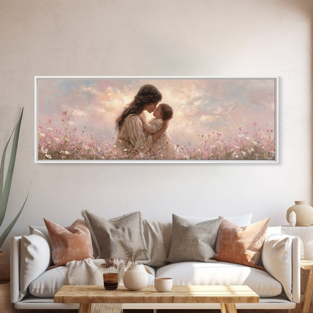Tender Mother And Baby Kiss Canvas Print, Soft Pink Wildflower Meadow Painting, Nursery Wall Art, Feminine Home Decor, Gift For Mom