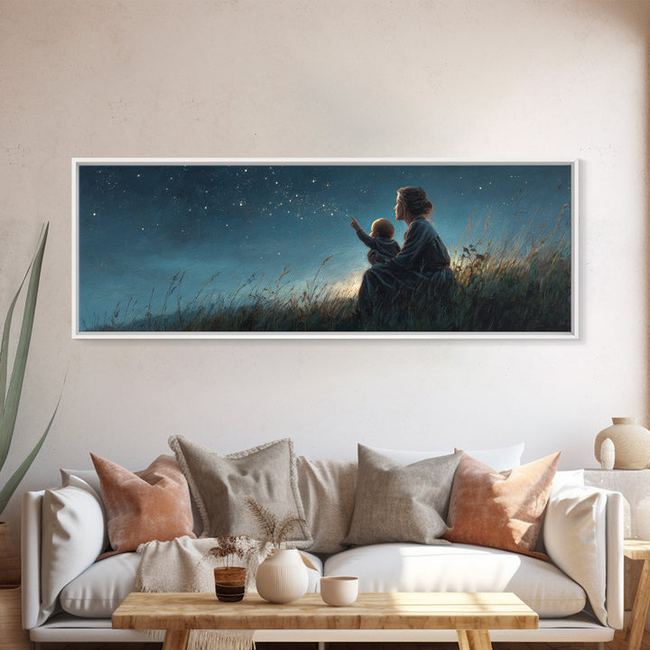 Mother And Child Stargazing Canvas Print, Blue Night Meadow Wall Art, Celestial Nursery Decor, Above Bed Art, Gift For Mom