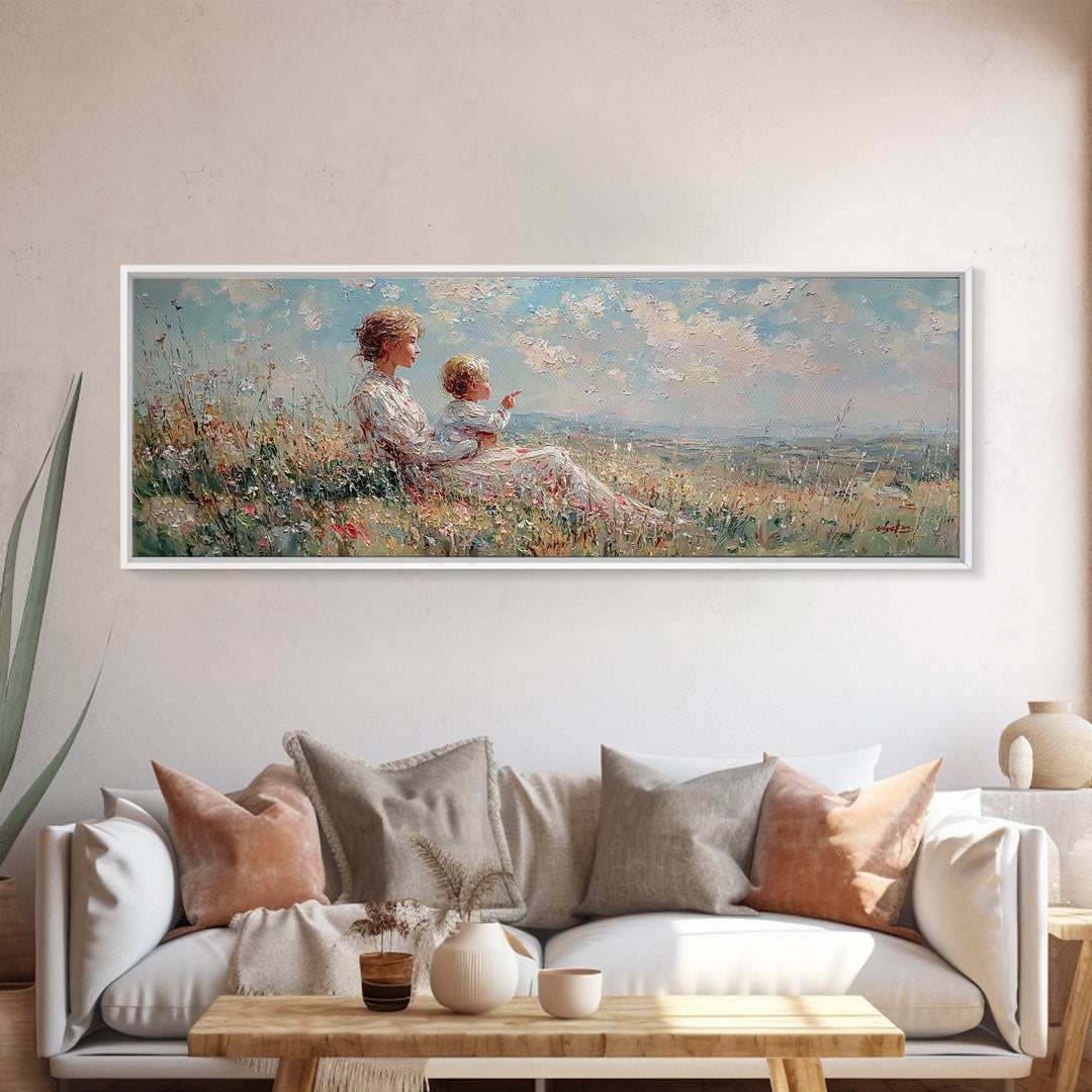 Mother And Child On Sunny Hill Framed Canvas Print, Impressionist Wildflower Landscape, Panoramic Wall Art, Nursery Decor