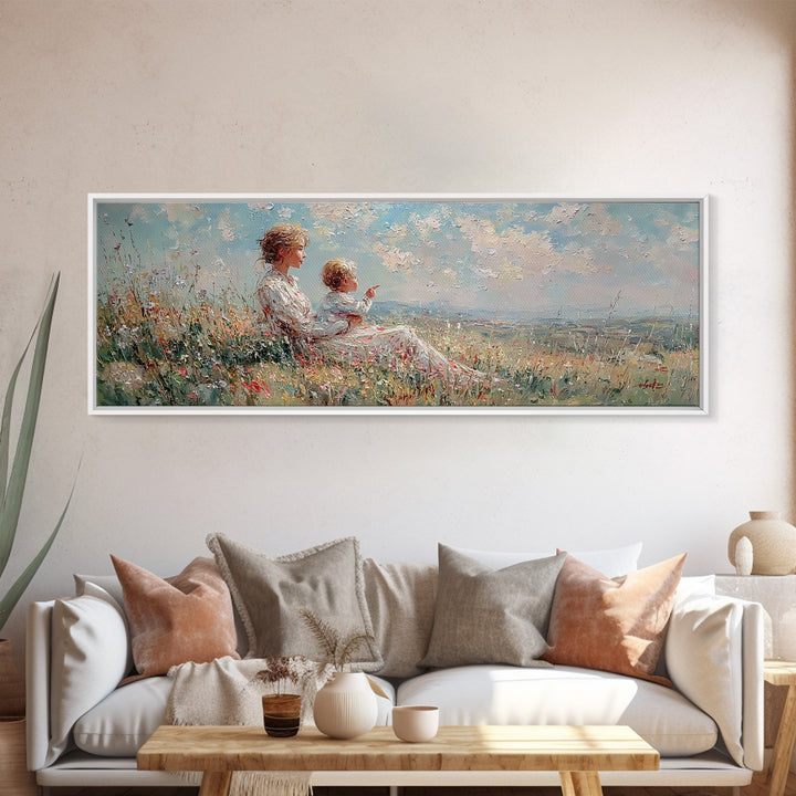 Mother And Child On Sunny Hill Framed Canvas Print, Impressionist Wildflower Landscape, Panoramic Wall Art, Nursery Decor
