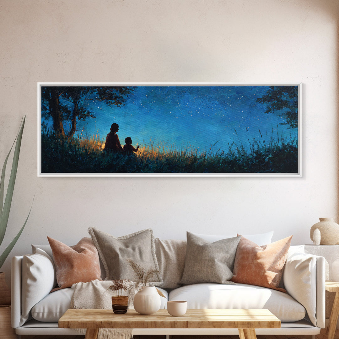 Silhouette Mother And Child Under Stars Wall Art, Moody Blue Night Landscape, Celestial Nursery Decor, Rustic Home Decor