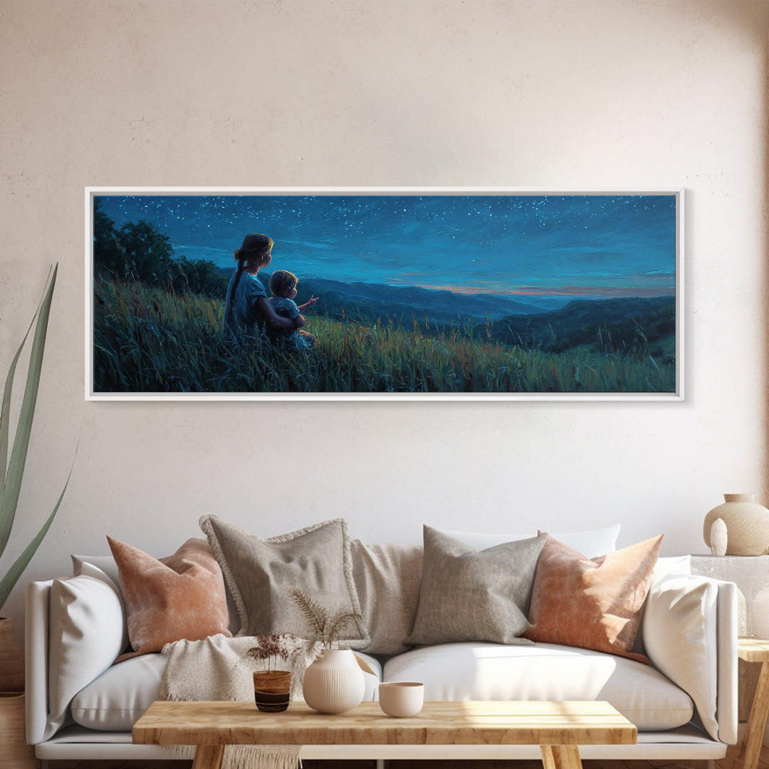 Mother And Child Over Moonlit Valley Canvas Print, Starry Blue Mountain Landscape Wall Art, Above Bed Decor, Gift For Her