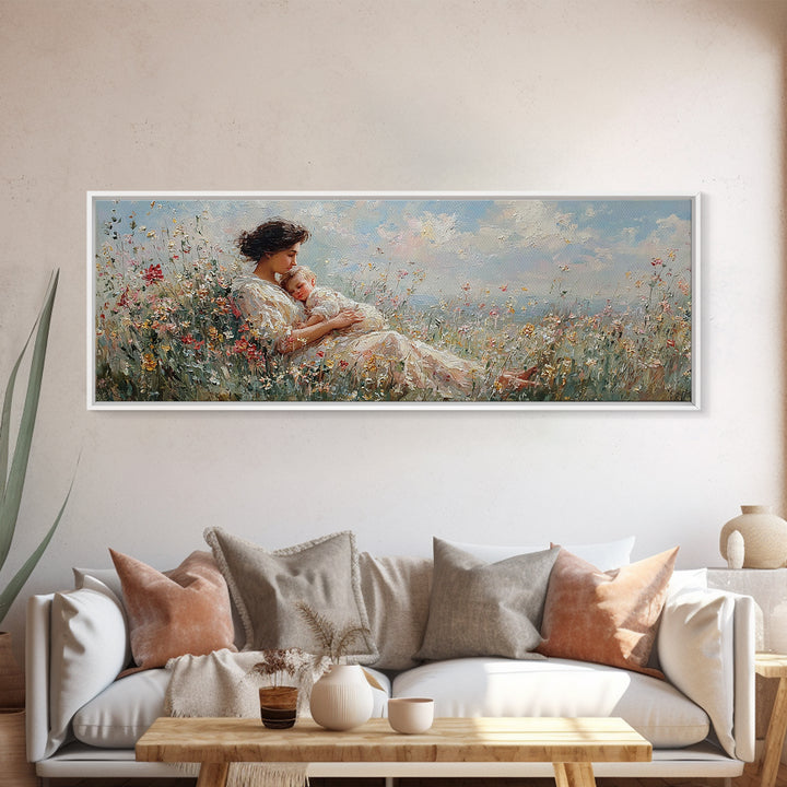 Mother And Baby In Wildflower Meadow Wall Art, Impressionist Nursery Decor, Floral Canvas Art, Gift For Mom, Bedroom Decor