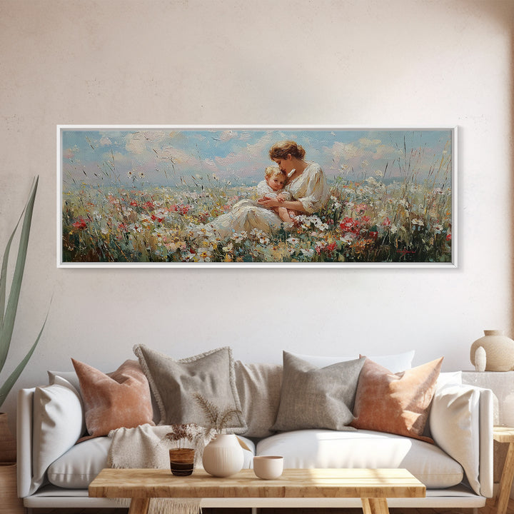 Mother And Child In Sunlit Flower Field Framed Canvas Print, Impressionist Nursery Wall Decor, Floral Art, Gift For Mom