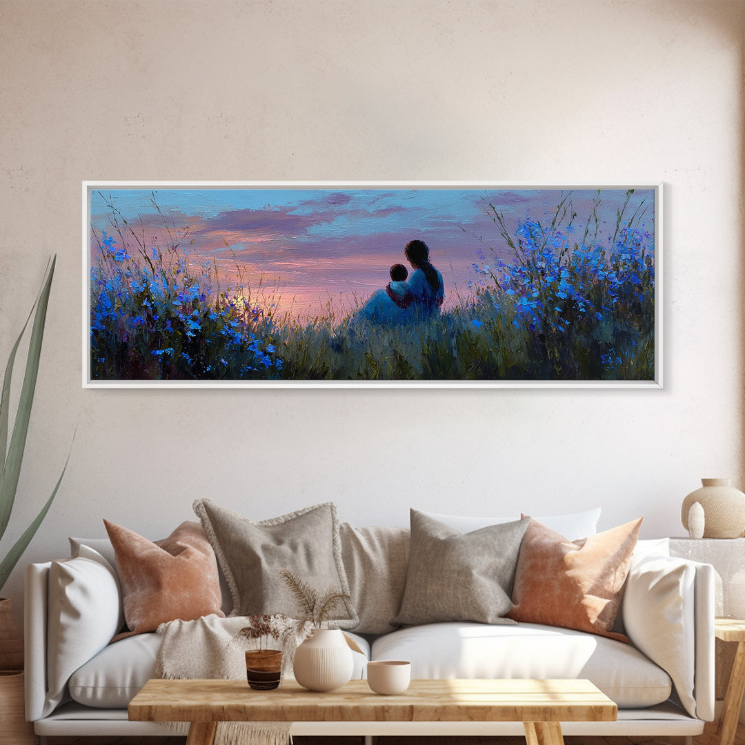 Mother And Child Silhouette At Sunset Canvas Print, Blue Meadow Wall Decor, Calming Nursery Art, Romantic Bedroom Wall Art