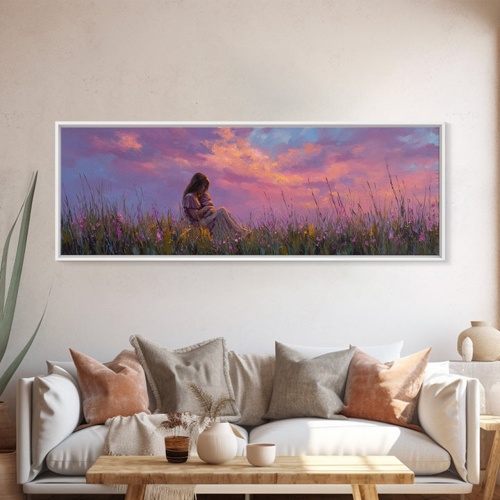 Expectant Mother In Twilight Wildflower Meadow Wall Art, Pink Sunset Canvas Print, Feminine Nursery Decor, Gift For New Mom