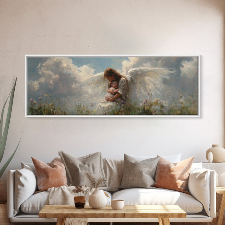 Angel Mother Cradling Baby In Cloudy Meadow Framed Canvas Print, Spiritual Nursery Wall Decor, Ethereal Art, Gift For Mom