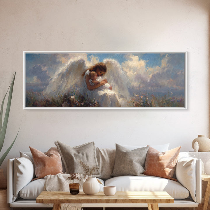 Guardian Angel Mother Kissing Baby In Wildflower Meadow Canvas Print, Spiritual Wall Art, Nursery Decor, Angel Gift For Mom