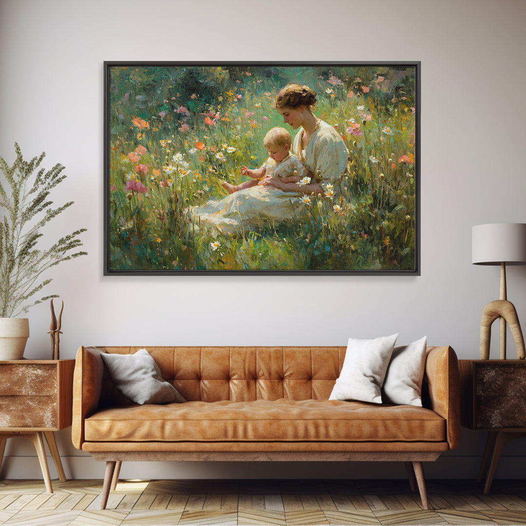 Mother And Baby In Sunlit Wildflower Meadow Canvas Print, Impressionist Floral Wall Art, Nursery Decor And Gift For New Mom