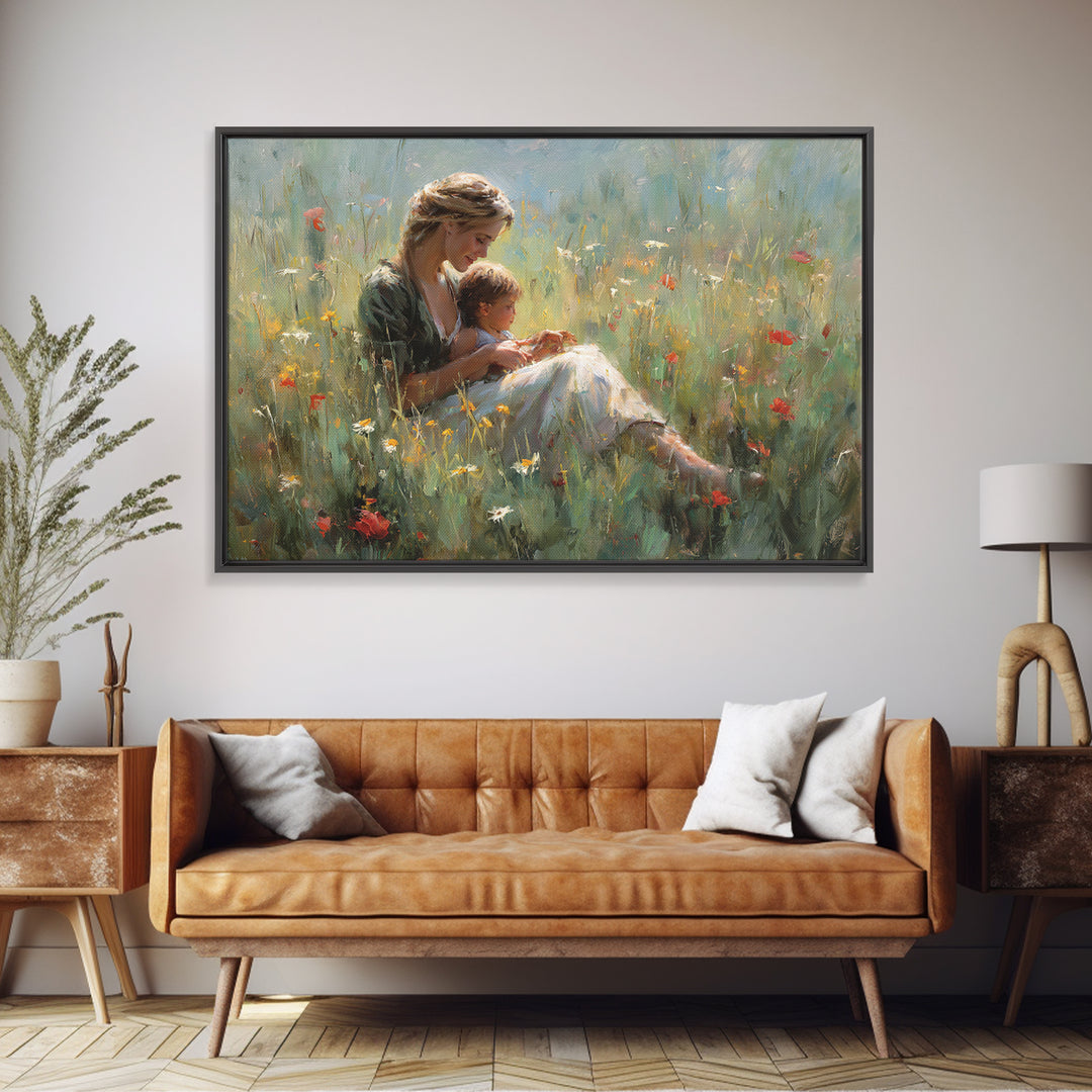 Mother Nursing Baby In Poppy Meadow Wall Art, Soft Impressionist Oil Painting Print, Feminine Nursery Decor Gift For Her