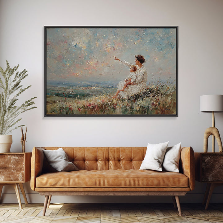 Mother And Child By Sparkling Sea Canvas Print, Coastal Impressionist Wall Art, Ocean Landscape Living Room Decor Gift For Her