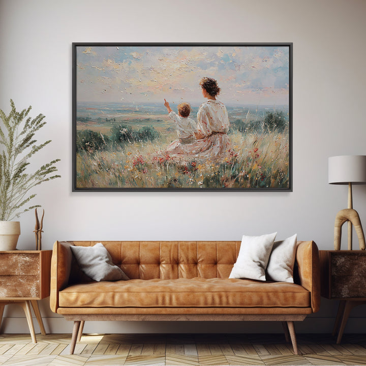Mother And Child Watching Horizon Canvas Print, Impressionist Meadow Wall Art, Calming Landscape Decor Above Sofa Gift For Her