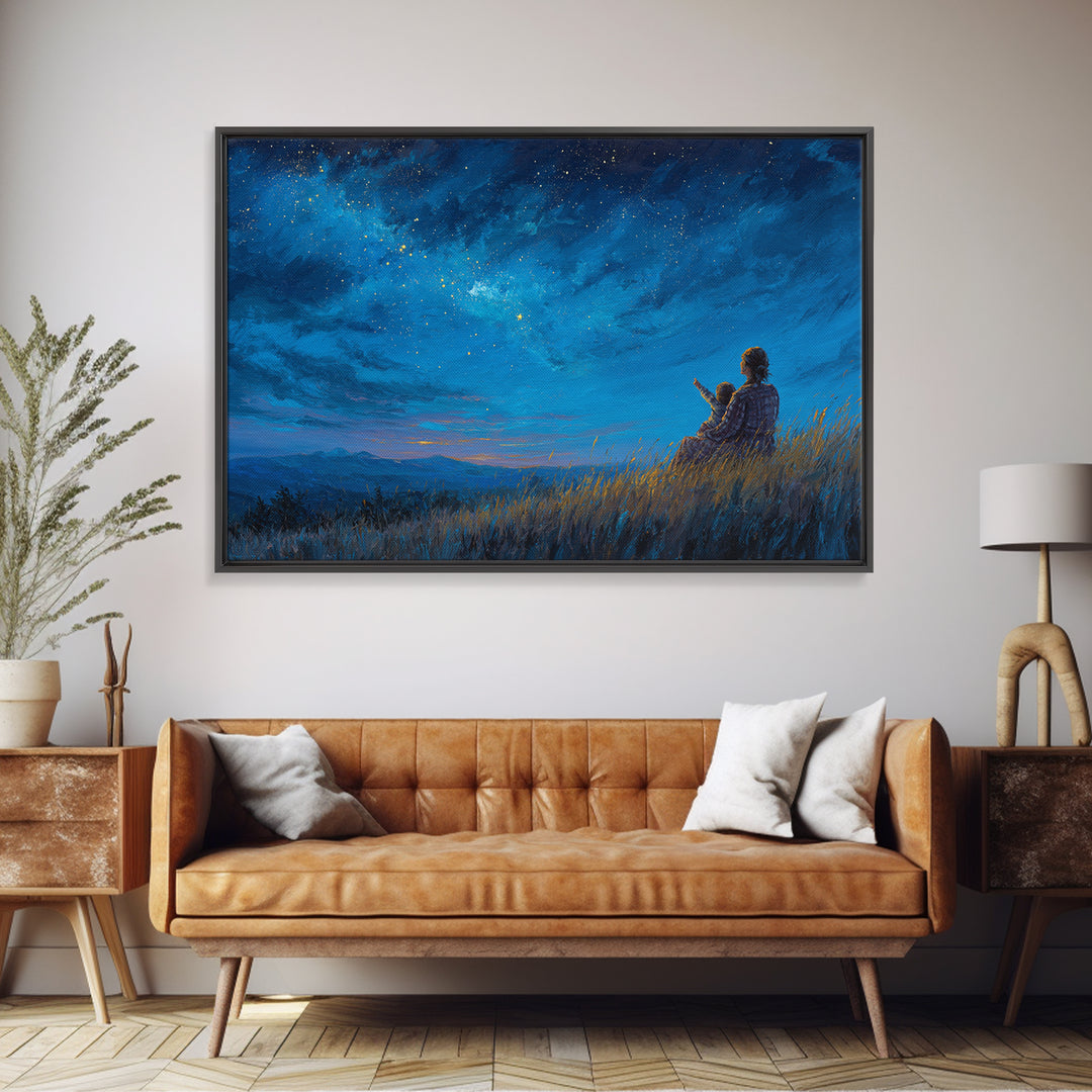 Mother And Child Under Starry Sky Wall Art, Celestial Night Landscape Canvas Print, Blue Bedroom Wall Decor Gift For Her