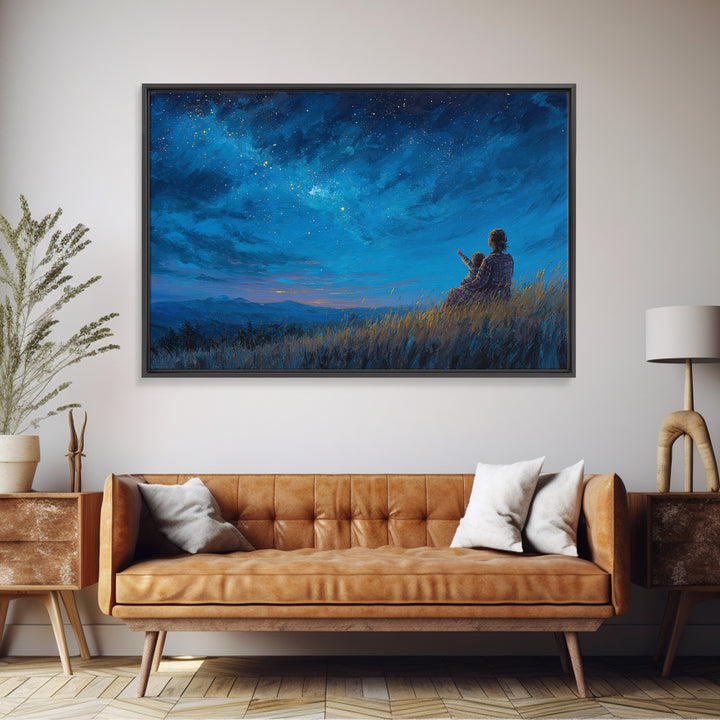 Mother And Child Under Starry Sky Wall Art, Celestial Night Landscape Canvas Print, Blue Bedroom Wall Decor Gift For Her