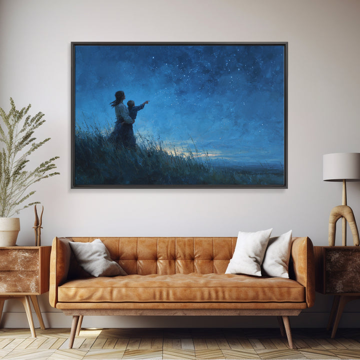Mother And Child Pointing At Stars Canvas Print, Moody Celestial Wall Art, Blue Night Sky Bedroom Nursery Decor Gift For Her