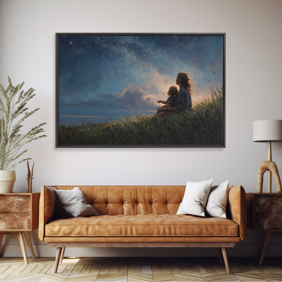 Mother And Child Stargazing Canvas Print, Celestial Nursery Wall Art, Gift For Mom, Baby Room Decor, Spiritual Home Decor