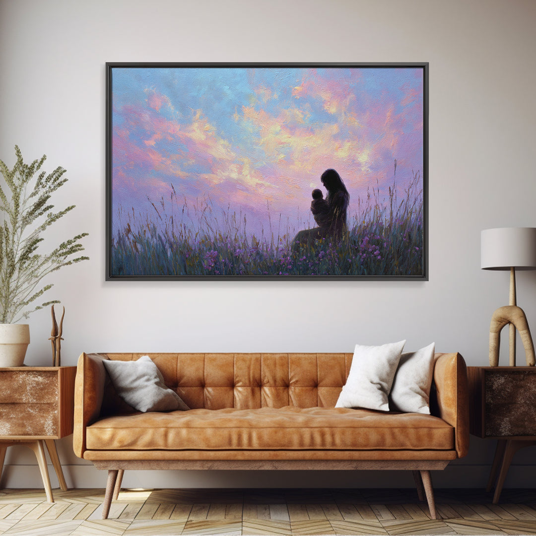 Silhouette Mother And Baby Sunset Canvas Print, Romantic Bedroom Wall Art, Pastel Sky Decor, Gift For Mom, Spiritual Home Decor
