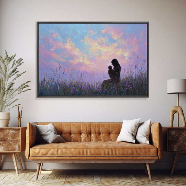 Silhouette Mother And Baby Sunset Canvas Print, Romantic Bedroom Wall Art, Pastel Sky Decor, Gift For Mom, Spiritual Home Decor