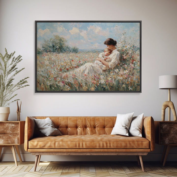 Mother Cradling Baby In Summer Meadow Canvas Print, Floral Wall Art, Impressionist Painting, Nursery Decor, Gift For Mom