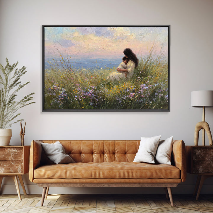 Mother And Baby By Ocean Sunset Canvas Print, Coastal Wall Art, Seascape Decor, Nursery Wall Art, Gift For Mom, Beach House