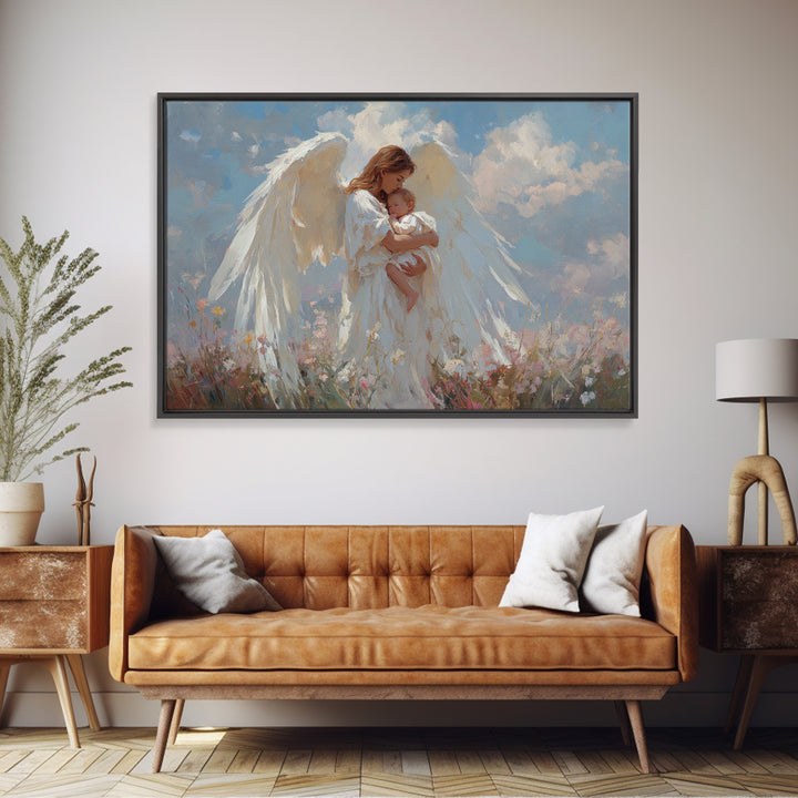 Guardian Angel Holding Baby Framed Canvas Print, Christian Wall Art, Nursery Decor, Spiritual Gift, Baby Shower Gift For Mom