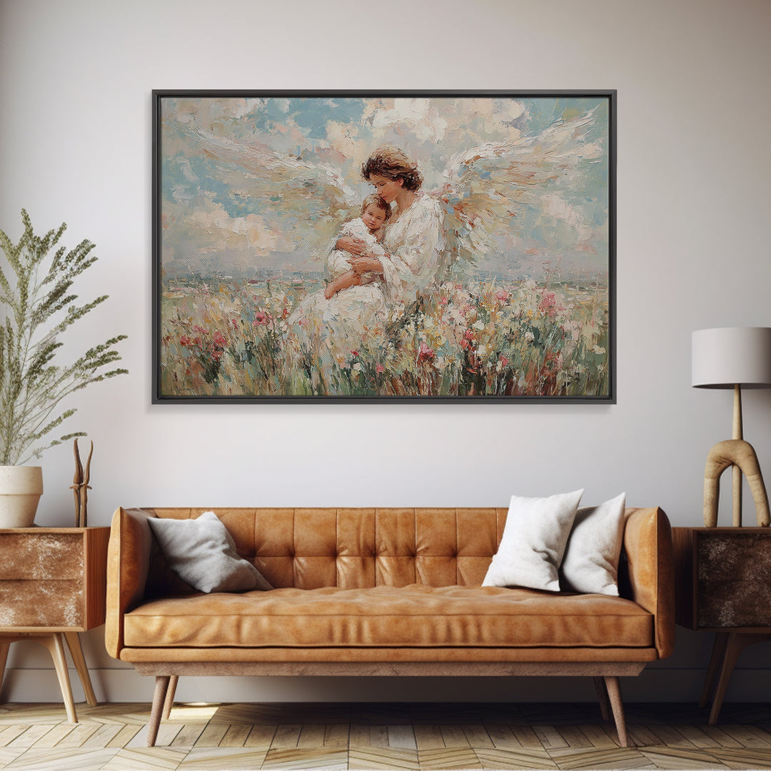 Angel Mother And Baby In Wildflower Meadow Canvas Print, Christian Wall Art, Nursery Decor, Spiritual Gift, Baby Shower Gift