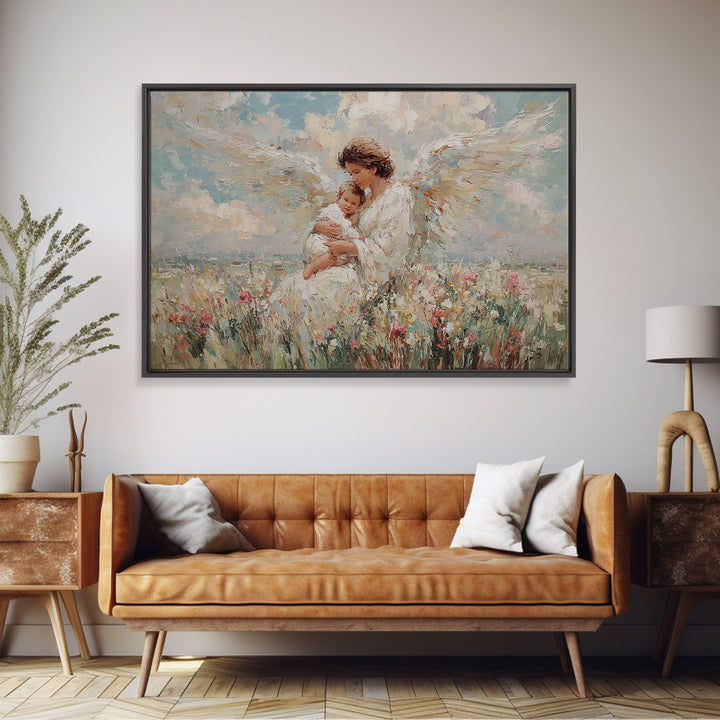 Angel Mother And Baby In Wildflower Meadow Canvas Print, Christian Wall Art, Nursery Decor, Spiritual Gift, Baby Shower Gift