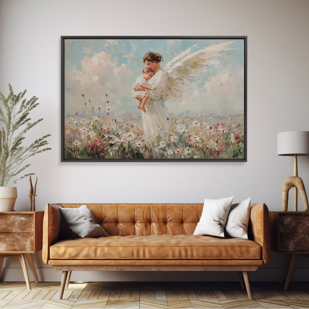 Guardian Angel Mother And Baby In Wildflower Meadow Wall Art, Christian Nursery Decor, Spiritual Gift, Serene Bedroom Print