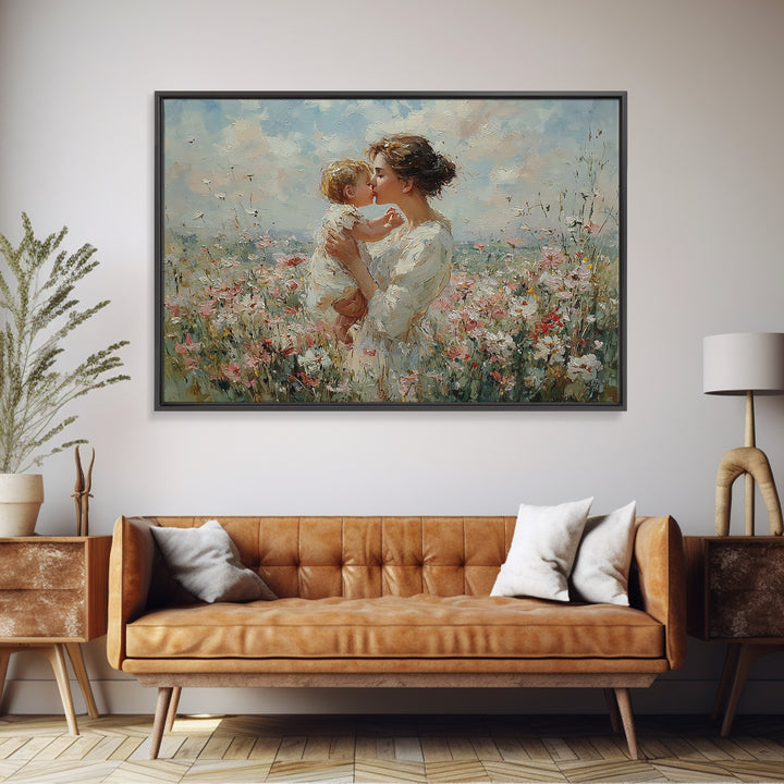 Tender Mother And Baby Kiss In Flower Meadow Framed Canvas Print, Feminine Wall Decor, Nursery Art, Gift For Mom, Peaceful Bedroom Decor