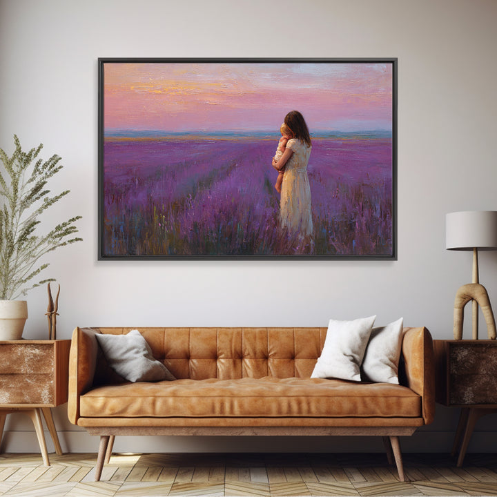 Mother And Baby In Lavender Field Sunset Wall Art, Purple Landscape Print, Romantic Nursery Decor, Gift For Her, Calming Bedroom Decor