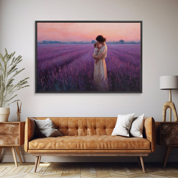 Mother And Baby Embrace In Lavender Sunset Field Framed Canvas Print, Purple Wall Art, Feminine Nursery Decor Gift For Mom