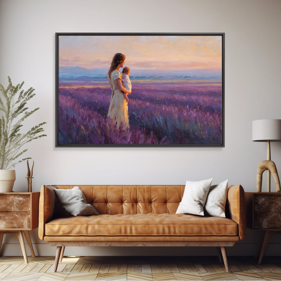 Mother And Child In Lavender Meadow Sunrise Canvas Print, Romantic Landscape Wall Art, Purple Bedroom Decor, Gift For Her