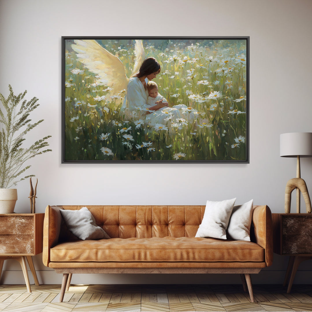 Guardian Angel Mother And Baby In Daisy Meadow Wall Art, Christian Nursery Decor, Spiritual Gift, Peaceful Floral Fine Art Print
