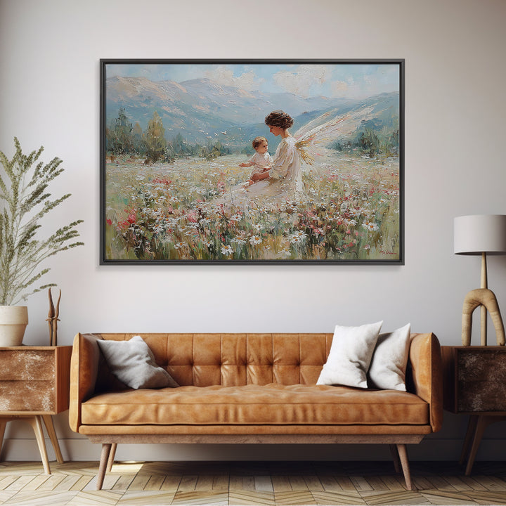 Guardian Angel And Child In Alpine Wildflower Meadow Framed Canvas Print, Christian Wall Art, Mountain Nursery Decor Gift