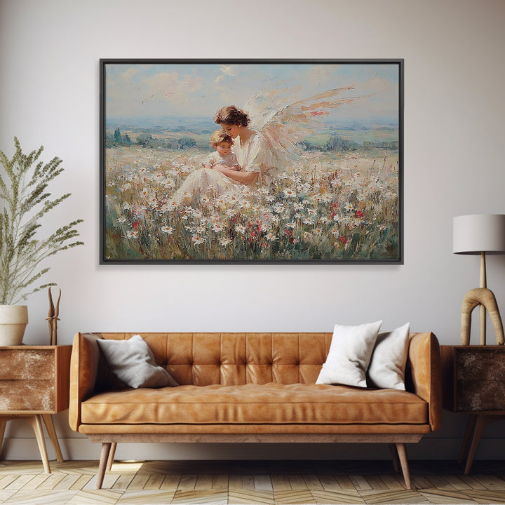 Angel Mother And Child In Wildflower Meadow Wall Art, Serene Religious Nursery Decor, Christian Gift, Fine Art Print, Home Decor