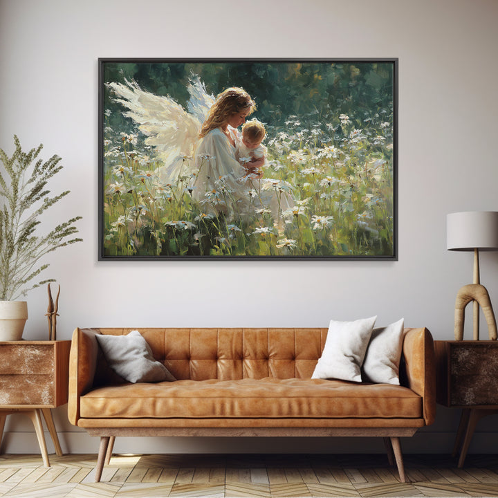 Guardian Angel Cradling Baby In Daisy Meadow Framed Canvas Print, Christian Nursery Wall Decor, Baptism Gift, Home Decor