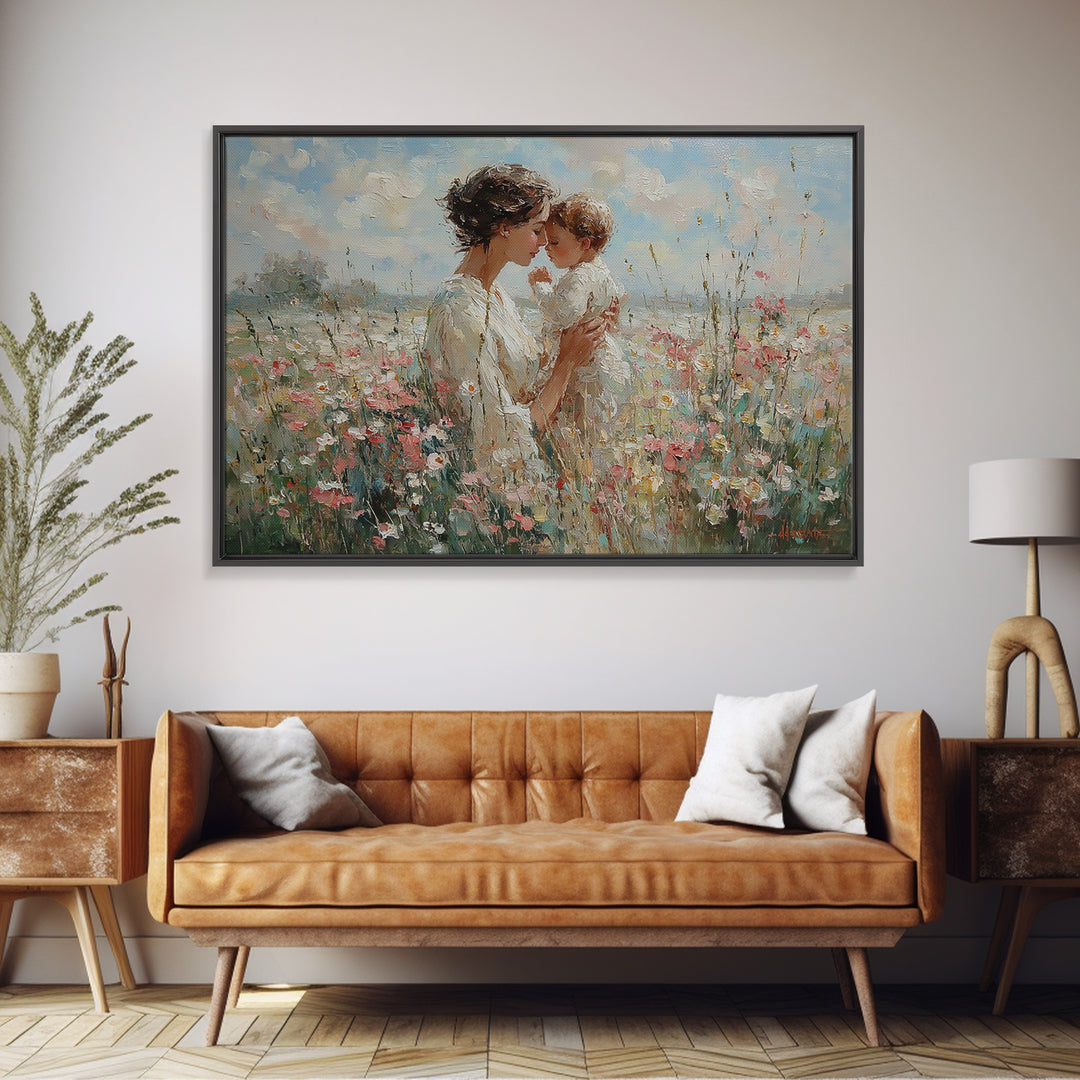 Tender Mother And Baby In Wildflower Field Framed Canvas Print, Feminine Wall Art, Nursery Decor, Christian Gift, Home Decor