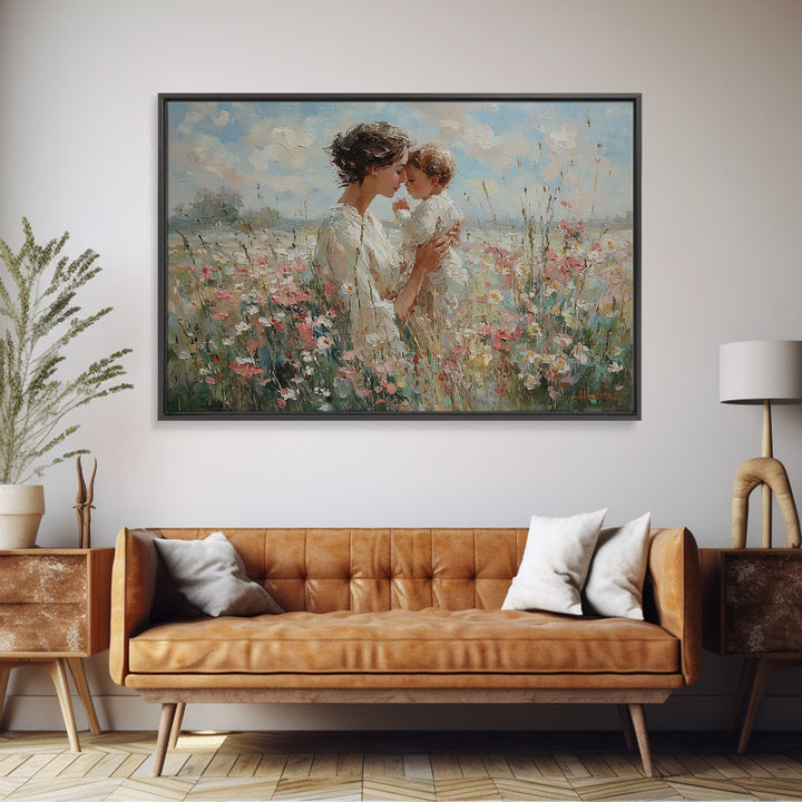 Tender Mother And Baby In Wildflower Field Framed Canvas Print, Feminine Wall Art, Nursery Decor, Christian Gift, Home Decor