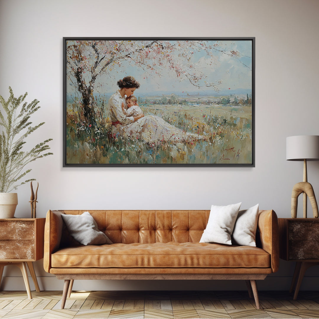 Mother Holding Baby Beneath White Blossom Tree Framed Canvas Print, Spring Wall Art, Christian Nursery Decor, Gift For Mom