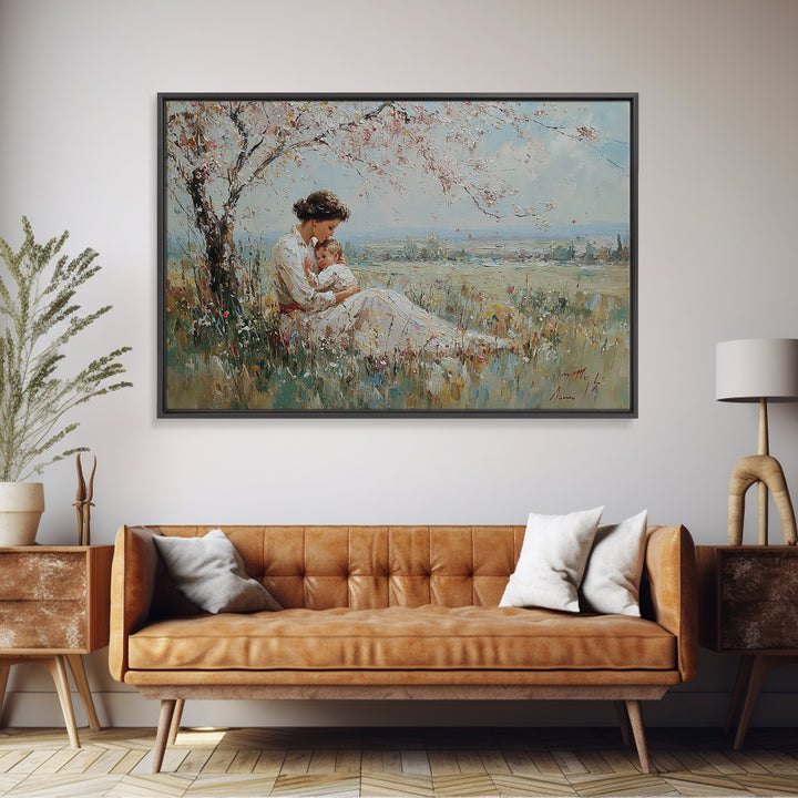 Mother Holding Baby Beneath White Blossom Tree Framed Canvas Print, Spring Wall Art, Christian Nursery Decor, Gift For Mom