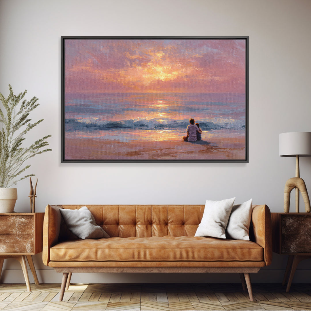 Parent And Child Watching Ocean Sunset Wall Art, Coastal Beach Canvas Print, Seascape Living Room Decor, Housewarming Gift