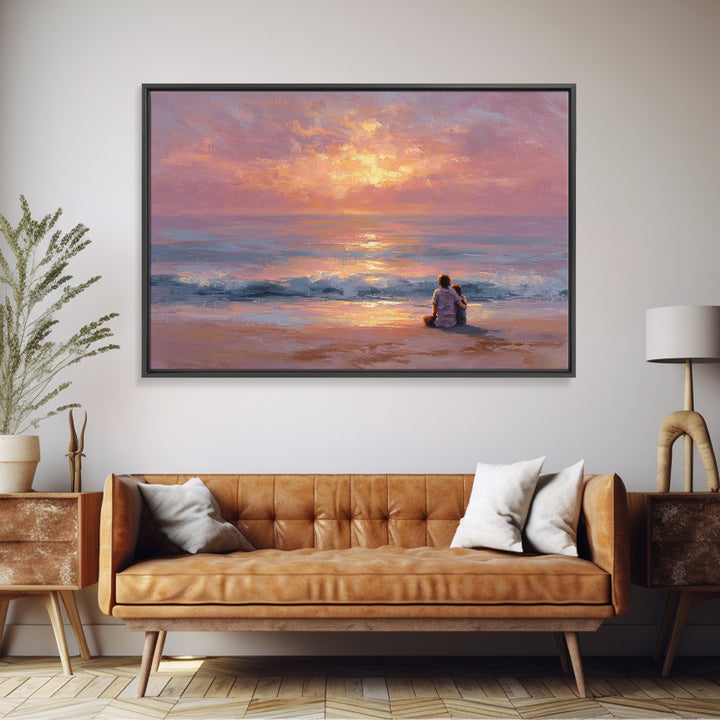 Parent And Child Watching Ocean Sunset Wall Art, Coastal Beach Canvas Print, Seascape Living Room Decor, Housewarming Gift